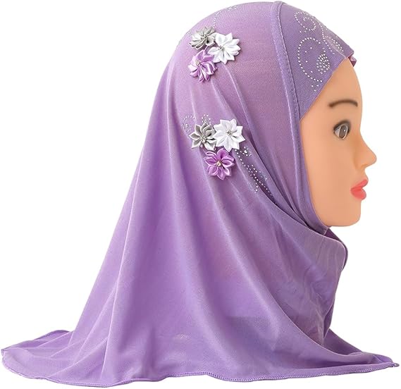 Adorable Girls Hijab with Flowers & Rhinestones – Instant Pull-On | Kids Islamic Wear