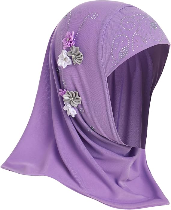 Adorable Girls Hijab with Flowers & Rhinestones – Instant Pull-On | Kids Islamic Wear