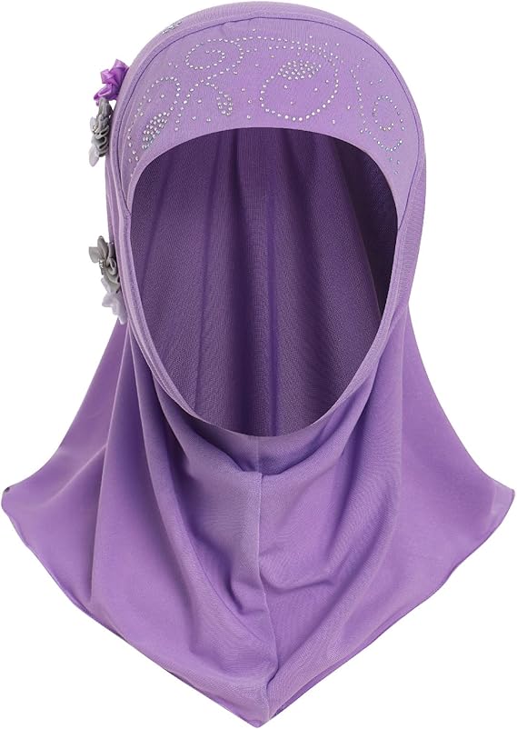 Adorable Girls Hijab with Flowers & Rhinestones – Instant Pull-On | Kids Islamic Wear